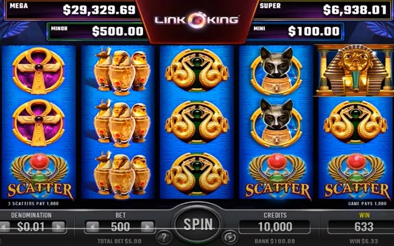 Link King Gods Land slot machine main game screen showing Egyptian symbols and reels